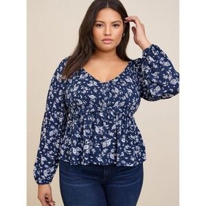 Torrid Babydoll Knit Smocked Bodice Top Size 2X Blue Floral Peasant Stretch Boho